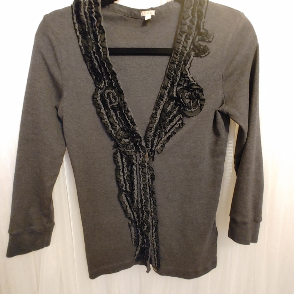 J Crew Black/Gray Ruffled Trimmed Sweater Size Small